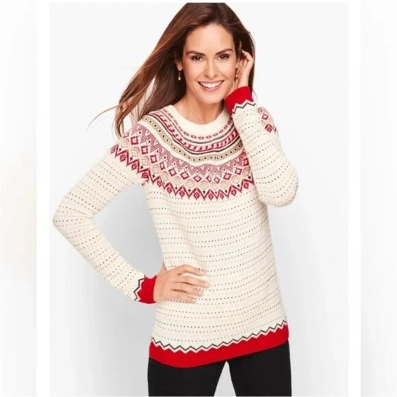 Talbots Sweaters - Talbots Fair Isle Diamond Sweater Size L Lamb's Wool Raglan Sleeve Cream Red
